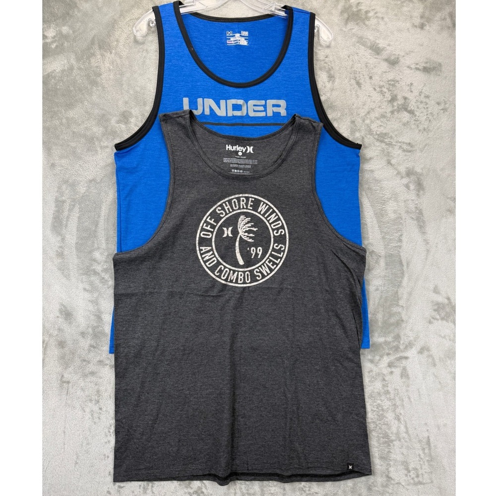 Mens Under Armour & Hurley Tank Top Bundle Blue Grey Graphic Size Large 2 Pack